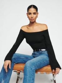Reformation Radley Knit Top in Black | flared sleeve bardot tops | chic knitwear fashion