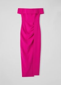 L.K.BENNETT Rampling Pink Crepe Bodycon Maxi Dress ~ glamorous off the shoulder evening dresses ~ magenta occasion clothes ~ thigh high slit