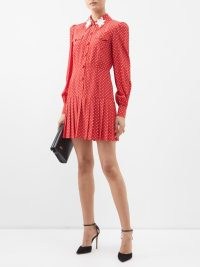 ALESSANDRA RICH Polka-dot silk-satin mini dress in red / vintage style spot print puff sleeve dresses / retro look fashion / floral lace appliqué collar
