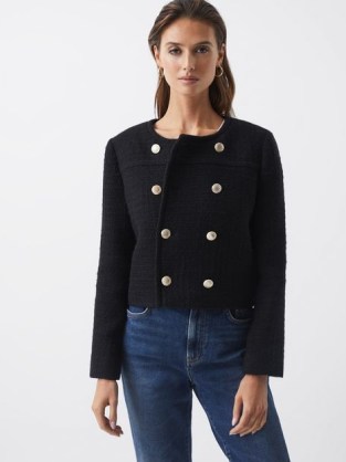 REISS ESMIE CROPPED DOUBLE BREASTED JACKET BLACK ~ chic gold button detail jackets - flipped