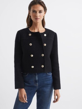 REISS ESMIE CROPPED DOUBLE BREASTED JACKET BLACK ~ chic gold button detail jackets