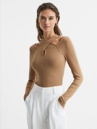 REISS JAMIE CROSS FRONT RIBBED JERSEY TOP CAMEL – long sleeve crisscross halter tops – cut out detail clothes