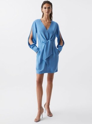 REISS DIANA TIE-FRONT DRESS BLUE – cut out sleeve occasion dresses – slit long sleeves – feminine evening fashion - flipped