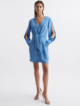 REISS DIANA TIE-FRONT DRESS BLUE – cut out sleeve occasion dresses – slit long sleeves – feminine evening fashion