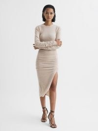 REISS CHARLEY RUCHED MIDI DRESS NEUTRAL ~ chic knitted long sleeved split hem dresses ~ gathered detail wool blend bodycon