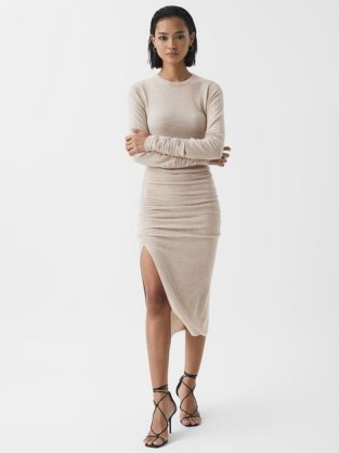 REISS CHARLEY RUCHED MIDI DRESS NEUTRAL ~ chic knitted long sleeved split hem dresses ~ gathered detail wool blend bodycon - flipped