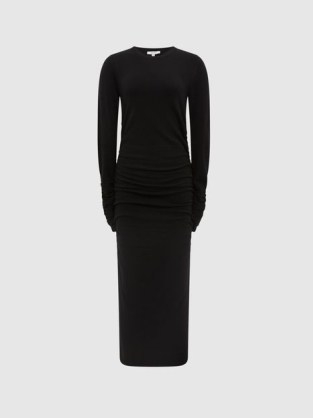 REISS CHARLEY RUCHED MIDI DRESS BLACK – classic knitted dresses – side slit - flipped