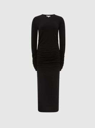 REISS CHARLEY RUCHED MIDI DRESS BLACK – classic knitted dresses – side slit