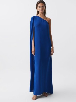 REISS NINA CAPE ONE SHOULDER MAXI DRESS COBALT BLUE ~ elegant asymmetric occasion dresses - flipped