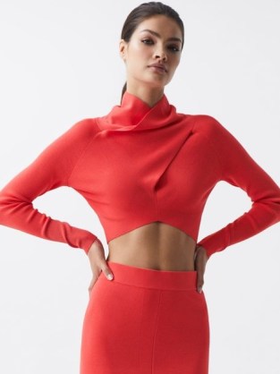 REISS ELSIE HIGH NECK CROPPED CO ORD TOP CORAL – fitted long sleeved crop tops – chic evening fashion - flipped