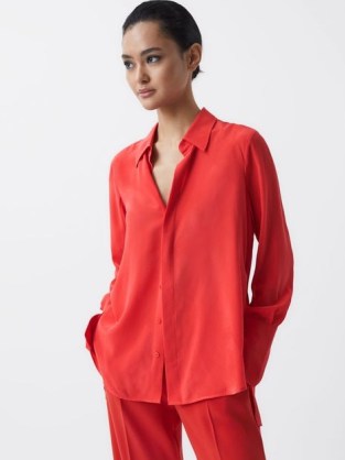 REISS KIA SILK SHIRT CORAL ~ womens silky vibrant coloured matte finished shirts - flipped