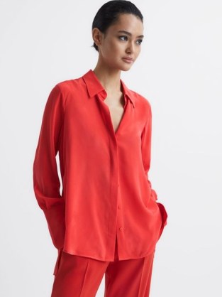 REISS KIA SILK SHIRT CORAL ~ womens silky vibrant coloured matte finished shirts