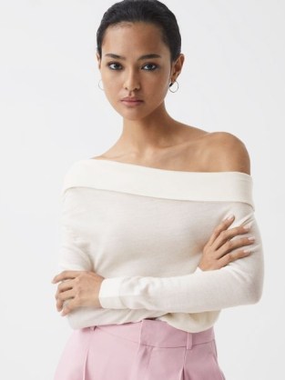 REISS GRACEY OFF-THE-SHOULDER WOOL TOP CREAM – chic asymmetric neckline tops - flipped