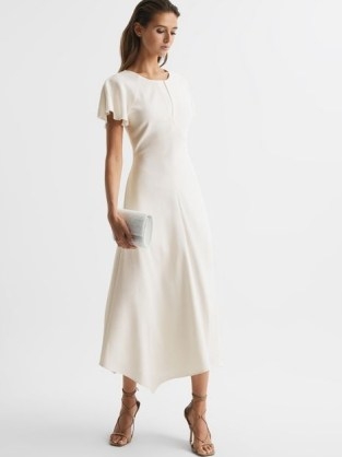 REISS ELENI CAP SLEEVE MAXI DRESS WHITE ~ flutter sleeved occasion dresses ~ asymmetric hemline ~ feminine evening clothes - flipped