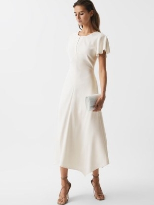 REISS ELENI CAP SLEEVE MAXI DRESS WHITE ~ flutter sleeved occasion dresses ~ asymmetric hemline ~ feminine evening clothes