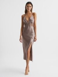 REISS FONTAINE LACE TRIM MIDI DRESS MINK ~ silky deep plunge front occasion dresses ~ feminine occasion clothes ~ luxe strappy evening fashion ~ thigh high slit hem