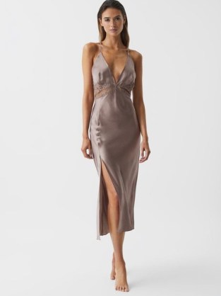 REISS FONTAINE LACE TRIM MIDI DRESS MINK ~ silky deep plunge front occasion dresses ~ feminine occasion clothes ~ luxe strappy evening fashion ~ thigh high slit hem - flipped
