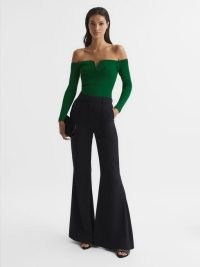 REISS INGRID SWEETHEART-NECK RIBBED TOP GREEN – fitted off the shoulder tops – bardot evening fashion