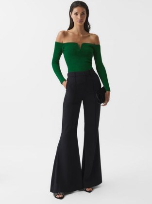 REISS INGRID SWEETHEART-NECK RIBBED TOP GREEN – fitted off the shoulder tops – bardot evening fashion - flipped