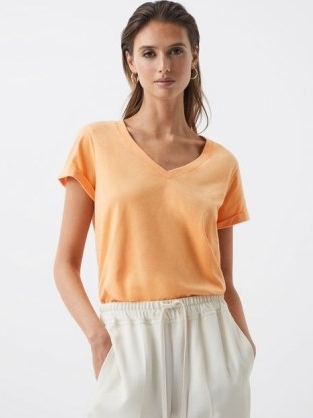REISS LUANA COTTON-JERSEY V-NECK T-SHIRT ORANGE ~ women’s classic short sleeve tee ~ womens essential T-shirts