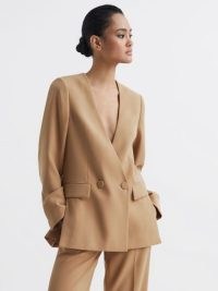 REISS MARGEAUX COLLARLESS DOUBLE-BREASTED BLAZER NEUTRAL ~ women’s chic contemporary blazers