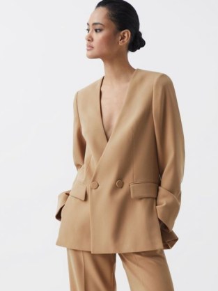 REISS MARGEAUX COLLARLESS DOUBLE-BREASTED BLAZER NEUTRAL ~ women’s chic contemporary blazers - flipped