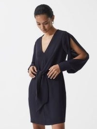 REISS DIANA TIE-FRONT DRESS NAVY ~ dark blue split sleeve evening dresses