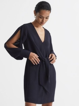 REISS DIANA TIE-FRONT DRESS NAVY ~ dark blue split sleeve evening dresses - flipped