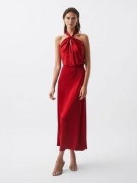 REISS LORNIE HALTER MAXI DRESS RED ~ satin feel halterneck dresses ~ silky occasion clothes ~ glamorous luxe style evening clothes ~ front keyhole cut out