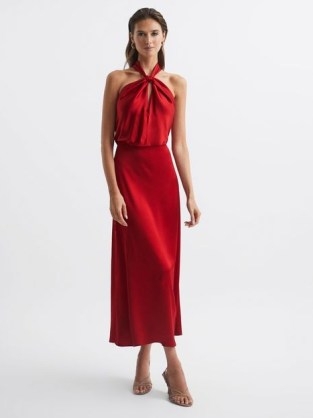REISS LORNIE HALTER MAXI DRESS RED ~ satin feel halterneck dresses ~ silky occasion clothes ~ glamorous luxe style evening clothes ~ front keyhole cut out - flipped