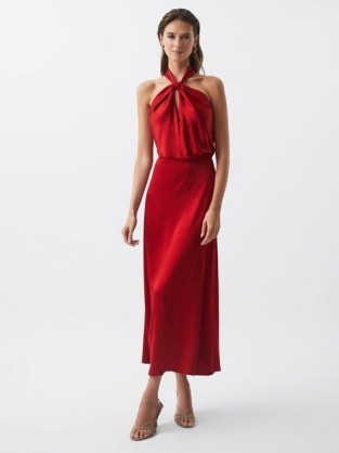 REISS LORNIE HALTER MAXI DRESS RED ~ satin feel halterneck dresses ...