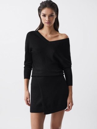 Reiss SONIA KNITTED BODYCON DRESS BLACK | asymmetric dresses | chic knitwear fashion | off shoulder clothes - flipped