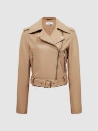 REISS TYLER LEATHER BIKER JACKET NEUTRAL ~ women’s luxe zip and buckle detail jackets