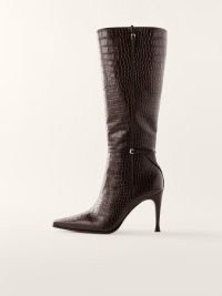 Reformation Rena Buckle Knee Boot in Brown Croc-Effect ~ point toe crocodile embossed leather boots
