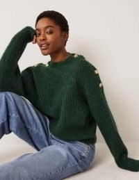 Boden Ribbed Button Shoulder Jumper in Hunter Green | women’s relaxed fit crew neck jumpers