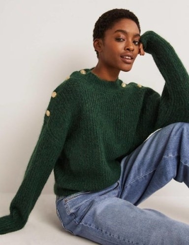 Boden Ribbed Button Shoulder Jumper in Hunter Green | women’s relaxed fit crew neck jumpers - flipped