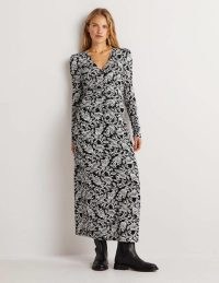 Boden Ruched Jersey Midi Dress in Black and Ivory, Tulip Vine / monochrome long sleeve V-neck floral print dresses