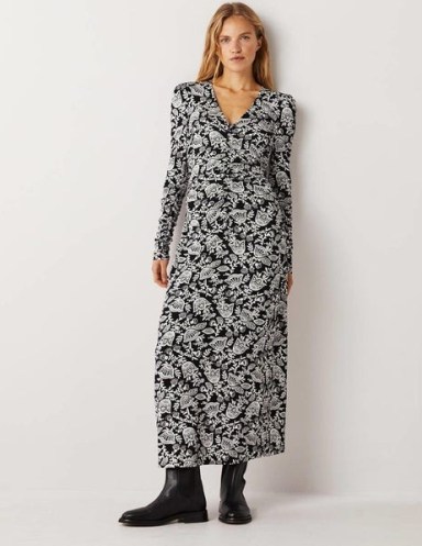 Boden Ruched Jersey Midi Dress in Black and Ivory, Tulip Vine / monochrome long sleeve V-neck floral print dresses - flipped
