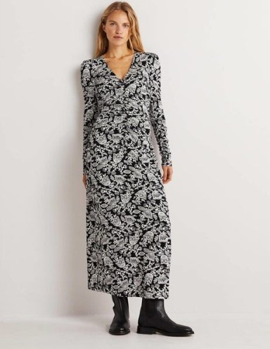 Boden Ruched Jersey Midi Dress in Black and Ivory, Tulip Vine / monochrome long sleeve V-neck floral print dresses