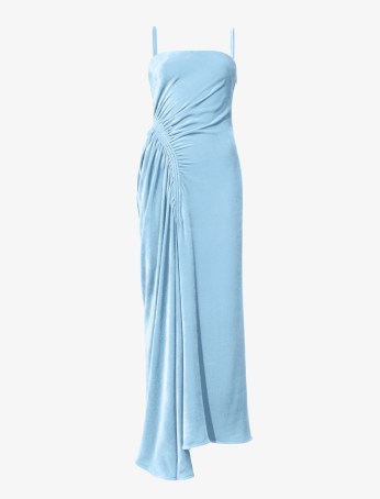 Proenza Schouler Silk Viscose Velvet Gathered Dress Light Blue – plush skinny shoulder strap maxi dresses – strappy drape detail occasion clothes – asymmetric evening event fashion