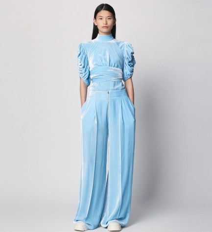 Proenza Schouler Silk Viscose Velvet Trouser Light Blue – women’s plush wide leg trousers – luxe fashion - flipped