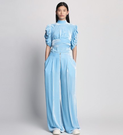 Proenza Schouler Silk Viscose Velvet Trouser Light Blue – women’s plush wide leg trousers – luxe fashion