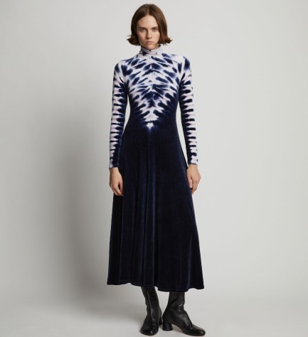 Proenza Schoulder Tie-Dye Velvet Dress Midnight Multi – plush long sleeve high neck fit and flare dresses