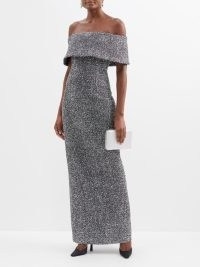 EMILIA WICKSTEAD Emmanuella off-the-shoulder metallic-tweed gown in silver ~ luxe bardot event gowns ~ elegant back slit occasion dresses ~ glittering evening clothes