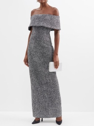 EMILIA WICKSTEAD Emmanuella off-the-shoulder metallic-tweed gown in silver ~ luxe bardot event gowns ~ elegant back slit occasion dresses ~ glittering evening clothes