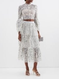 SELF-PORTRAIT High-waist sequinned tiered tulle skirt in silver – semi sheer layered midi skirts – luxe net fabric occasion fashion