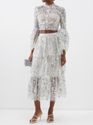 SELF-PORTRAIT High-waist sequinned tiered tulle skirt in silver – semi sheer layered midi skirts – luxe net fabric occasion fashion - flipped