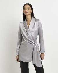 RIVER ISLAND SILVER SATIN WRAP BLAZER ~ silky metallic tie detail blazers ~ women’s on-trend evening jackets ~ party fashion