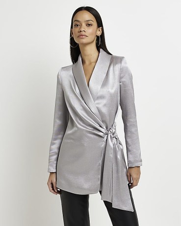 RIVER ISLAND SILVER SATIN WRAP BLAZER ~ silky metallic tie detail blazers ~ women’s on-trend evening jackets ~ party fashion