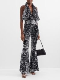 RICHARD QUINN Sequinned halterneck jumpsuit in silver ~ 70s vintage inspired evening fashion ~ occasion glamour ~ sequin covered halter neck jumpsuits ~ luxe disco inspired fashion